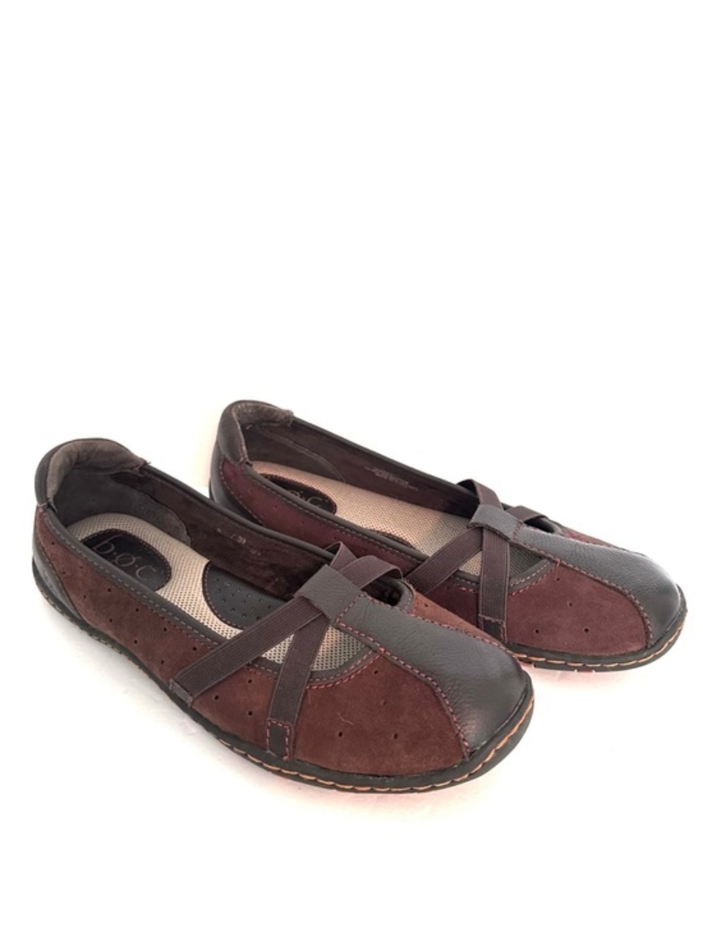 b.o.c. Women's Brown Suede & Dark Brown Leather Cross-Strap Flats Size 8